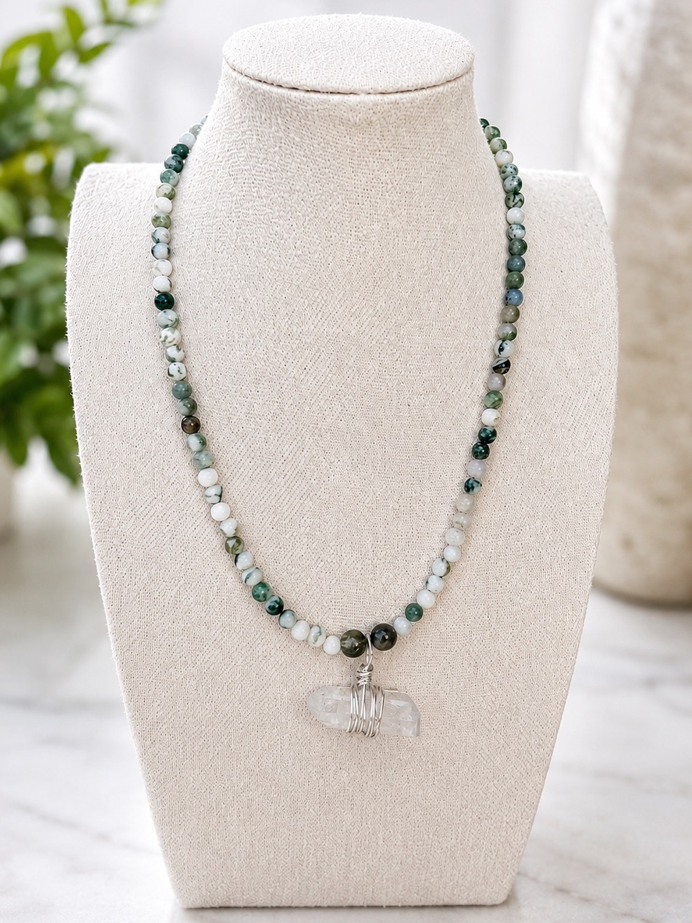 Handmade Moss Agate & Clear Quartz Point Gemstone Necklace